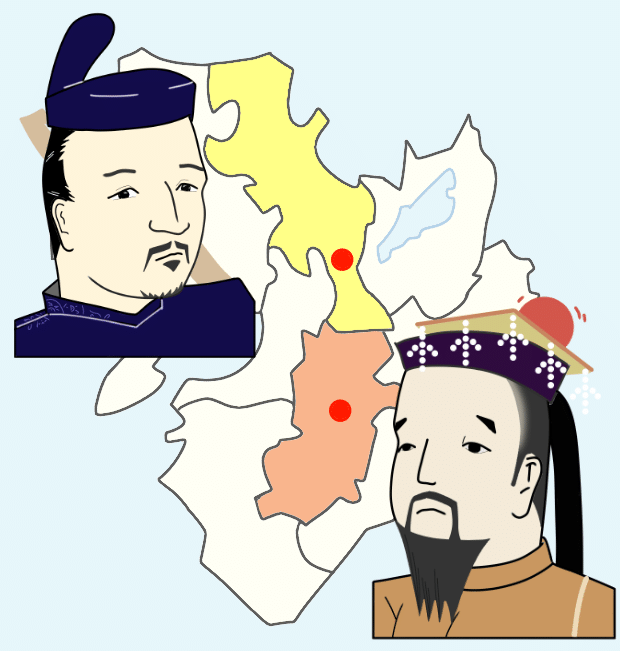 南北朝時代の京都と奈良の地図の上に後醍醐天皇と足利尊氏の顔のイラスト
