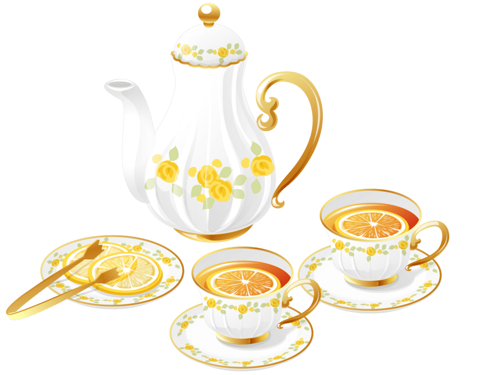ティーポットに２つのティカップに紅茶とレモンが入っているサイドにレモンスライスと小さいトングが添えてあるいイラスト