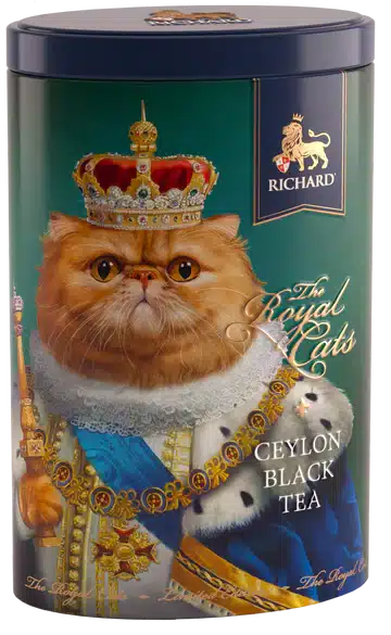 王冠を被ったペルシャ猫の絵が描かれた紅茶缶