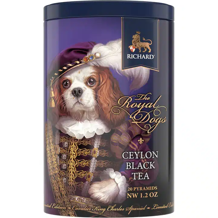 犬の国家スパニエルが王子様の格好をした絵の描かれた紅茶缶