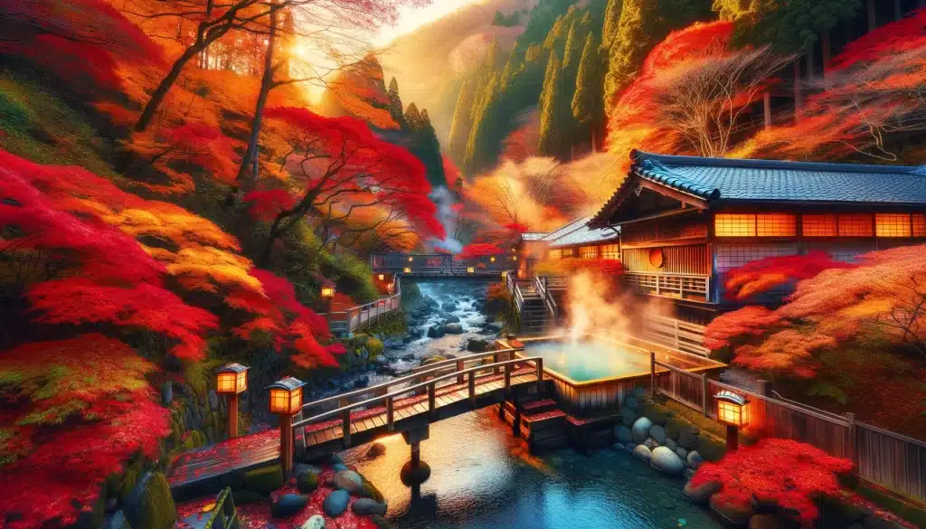 秋の紅葉が美しい川沿いにある日本の温泉旅館のイラスト