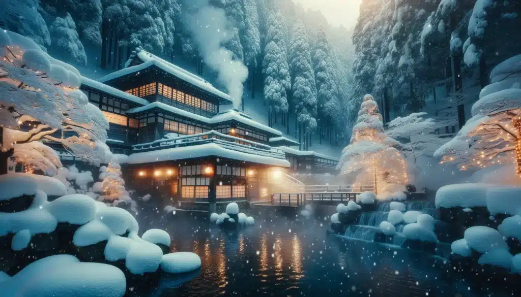 日本の雪の降っている冬景色の温泉旅館の様子