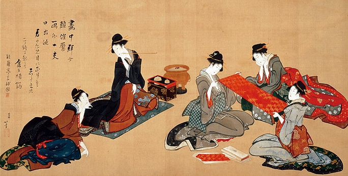 北斎が書いた女性が５人書かれた浮世絵。反物をみたりとリラックスしている様子の絵