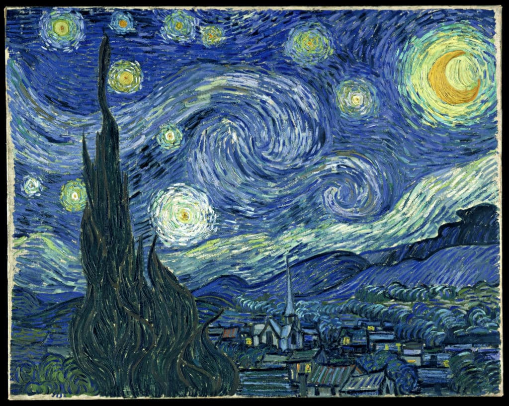 
"星月夜"は、フィンセント・ファン・ゴッホの代表作で、1889年に描かれました。この絵は、深い青色の夜空に描かれた大きな渦巻きと輝く星々が特徴的です1。夜空の下には、静かな村の風景が広がっており、教会の尖塔が空に向かって伸びています。また、画面の前景には大きな糸杉の木が描かれており、その存在感が一層強調されています