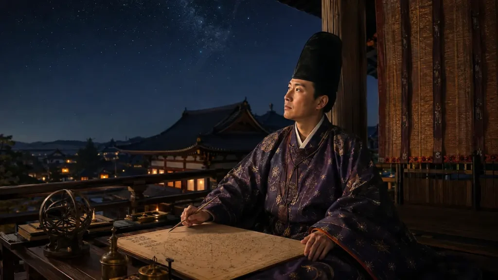 平安時代の宮廷で星図を調べる安倍晴明のイメージ