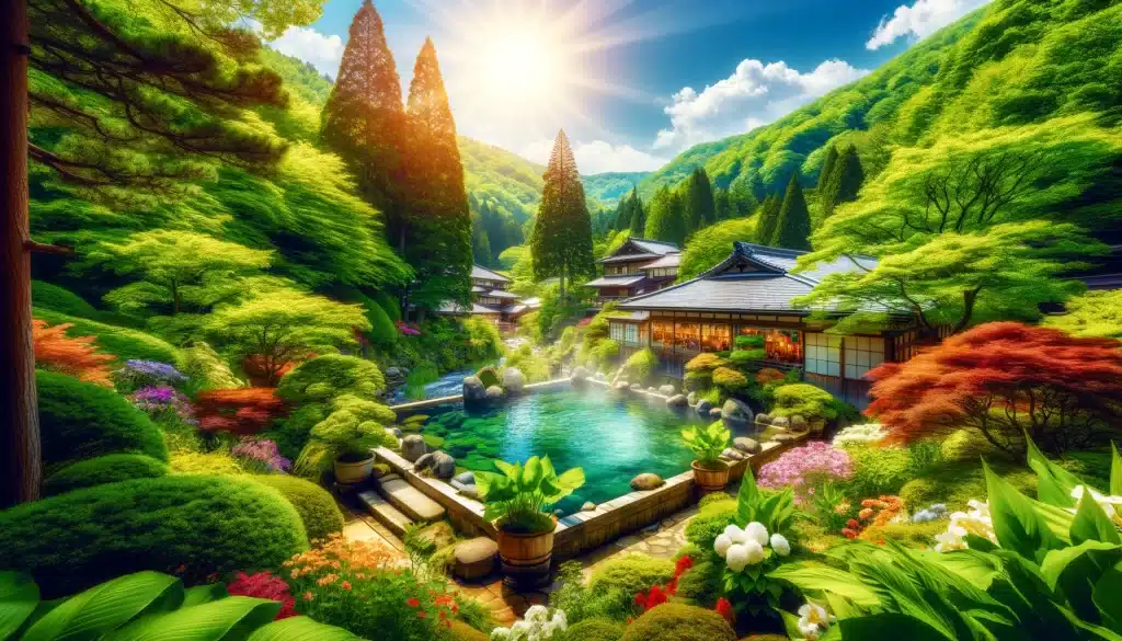 日本の燦燦とした太陽と緑に囲まれた温泉旅館と温泉の様子のイラスト
