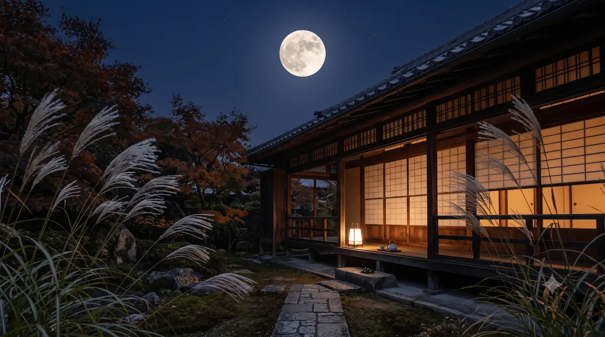 すすき越しに見える秋の月と日本家屋の縁側