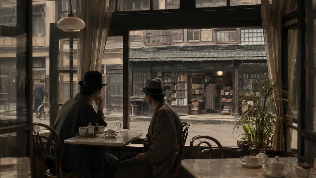 大正時代の喫茶店から向かいの古本屋を眺める二人の男性