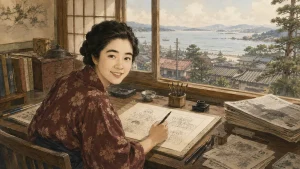 1940年代の部屋で海を眺めながら漫画を描く女性