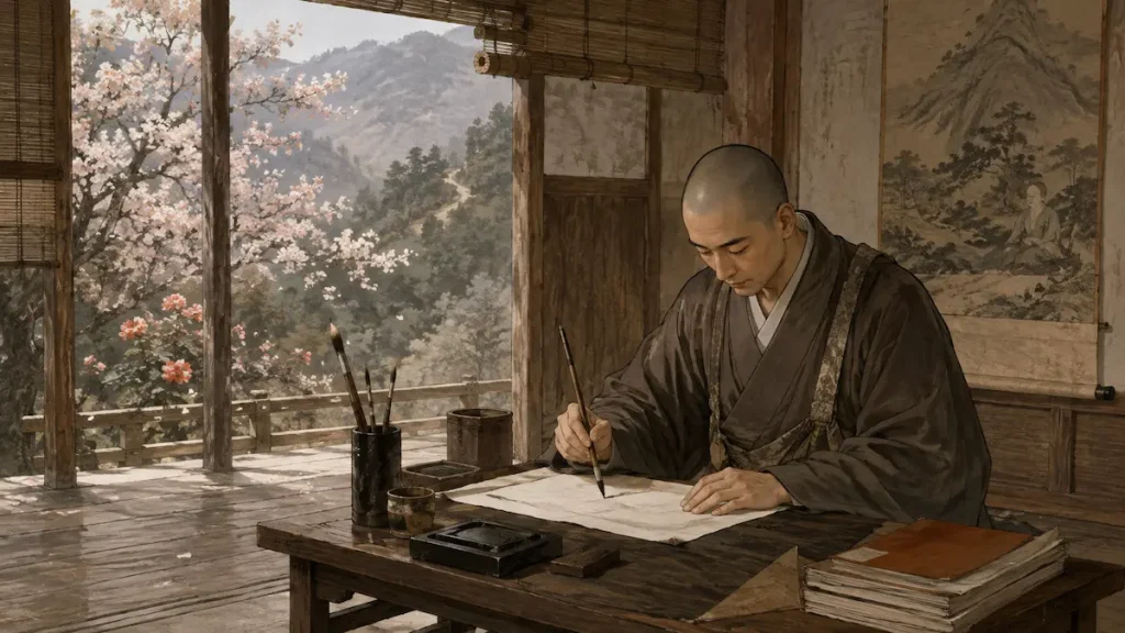 散る花を眺めながら和紙に仮名を書く平安時代の人物