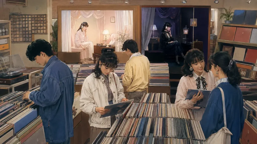 1982年の日本のレコード店で女性歌手のレコードを見る人々