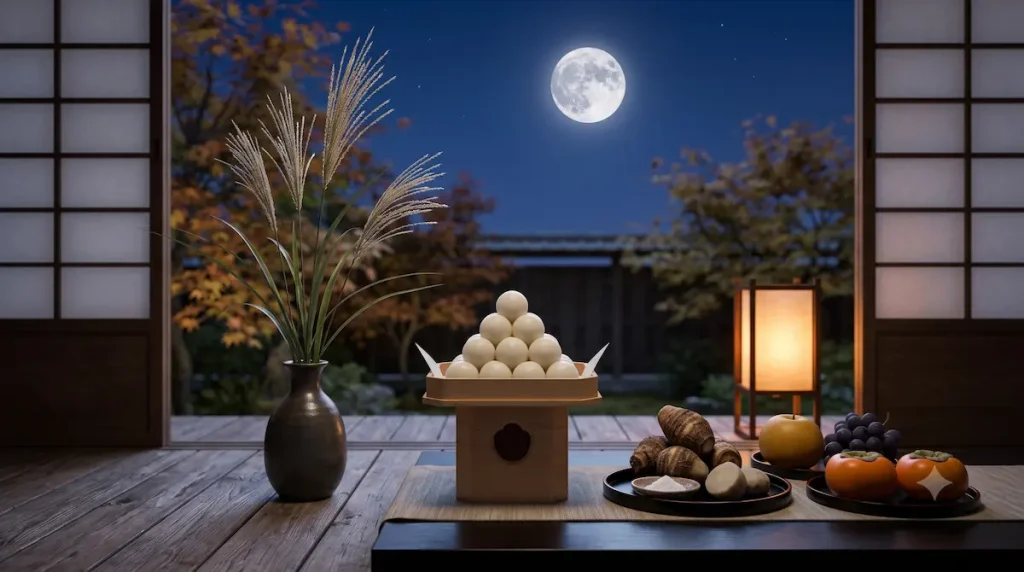 月見団子とすすき、里芋、秋の果物を飾った十五夜のお供え