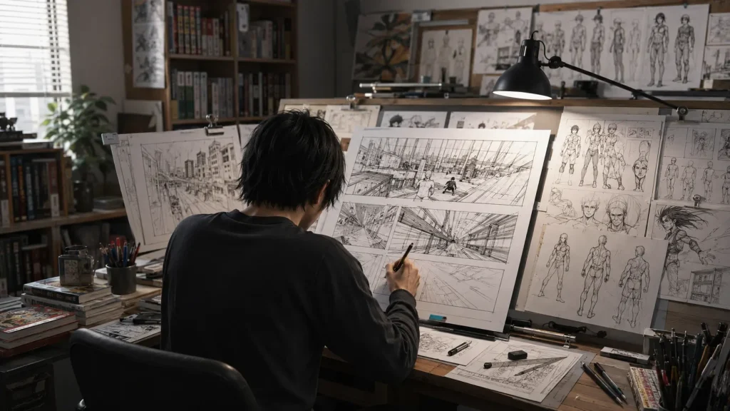 漫画原稿でパースや人物構図を描く漫画家の作業机