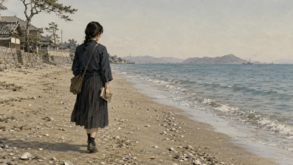 戦後の福岡の海岸をノートを持って歩く女性