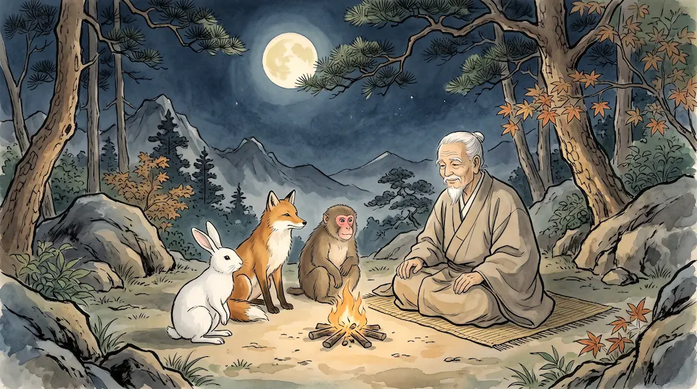 老人の前に集まるうさぎと狐と猿の月うさぎ伝説