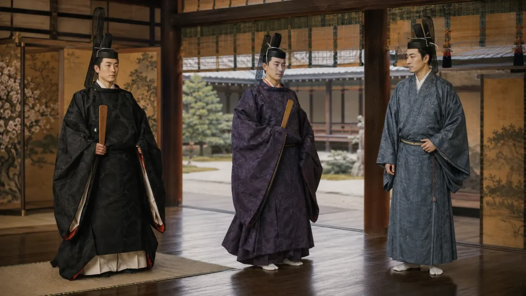束帯、直衣、狩衣を着た平安時代の男性貴族