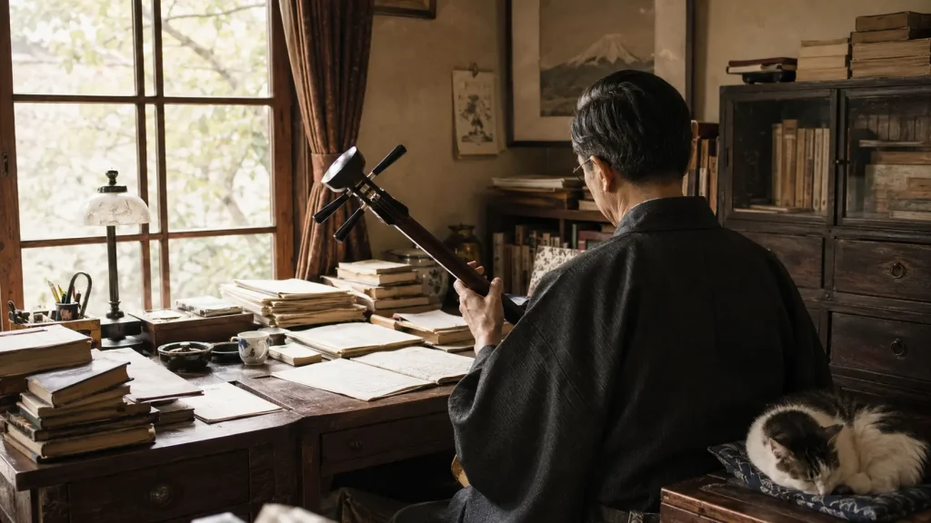 昭和初期の書斎で三味線を練習する作家を後ろから描いたイメージ