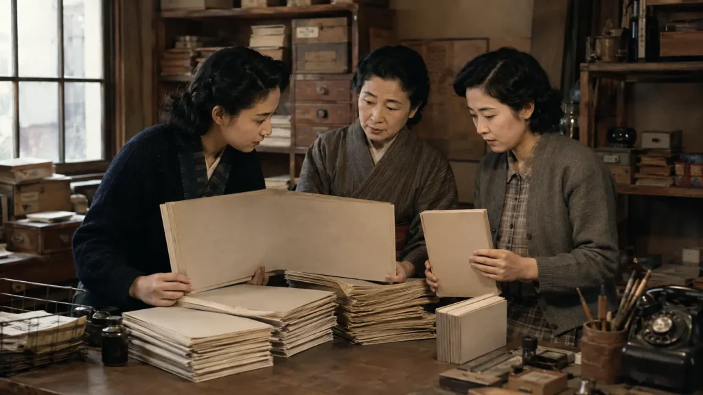 返品された横長の本と小型に作り直した本を確認する家族